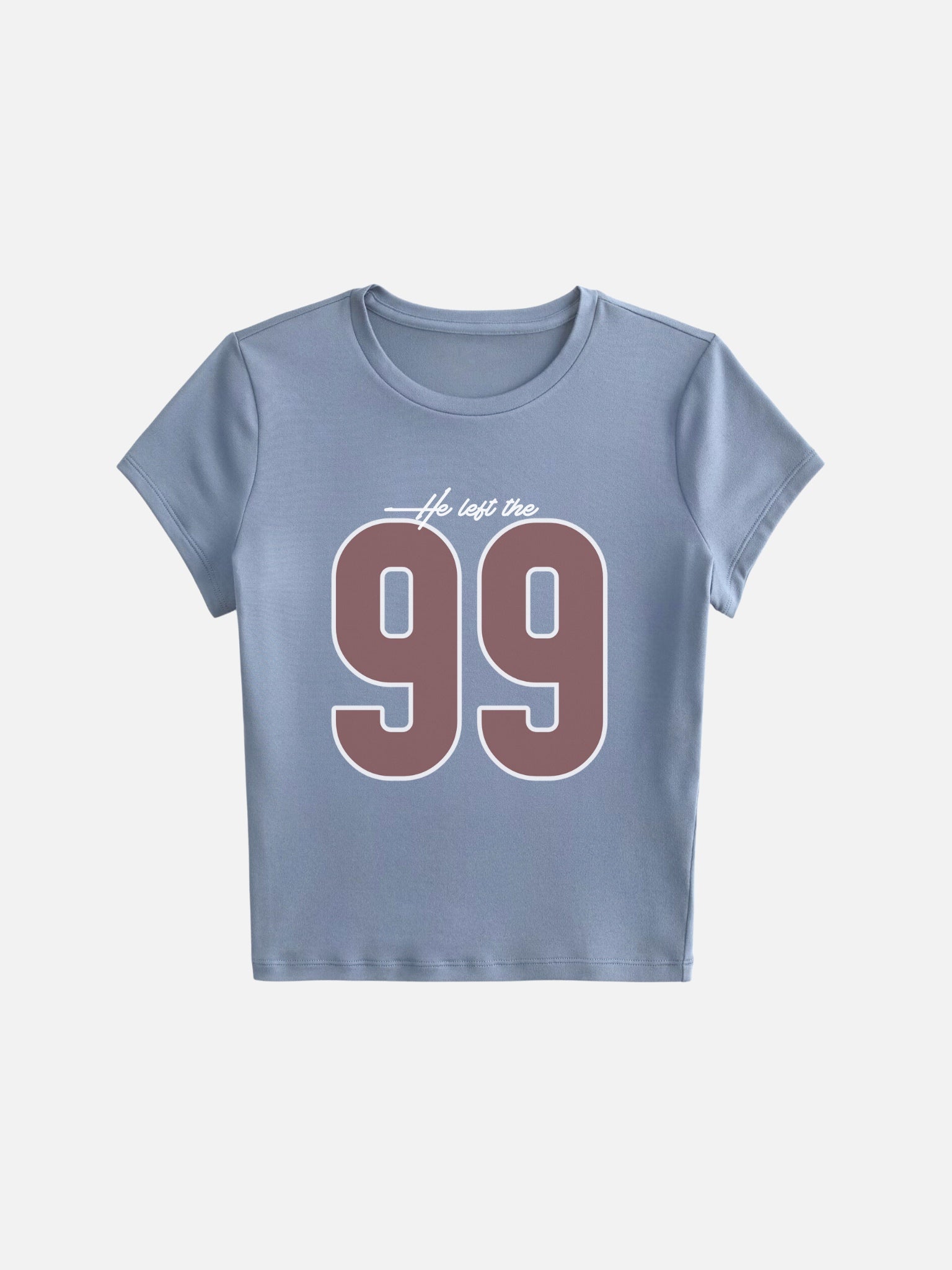 SĒK Apparel He Left the 99 Baby Tee in blue — flat lay with '99' graphic in red, faith-inspired baby tee referencing Matthew 18:12