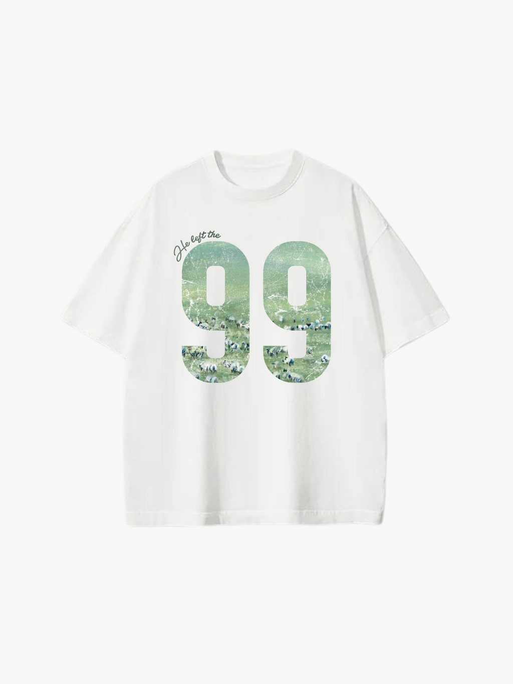 SĒK Apparel He Left the 99 Box Tee — flat lay product shot of faith-inspired graphic tee with '99' sheep design, referencing the parable of the lost sheep