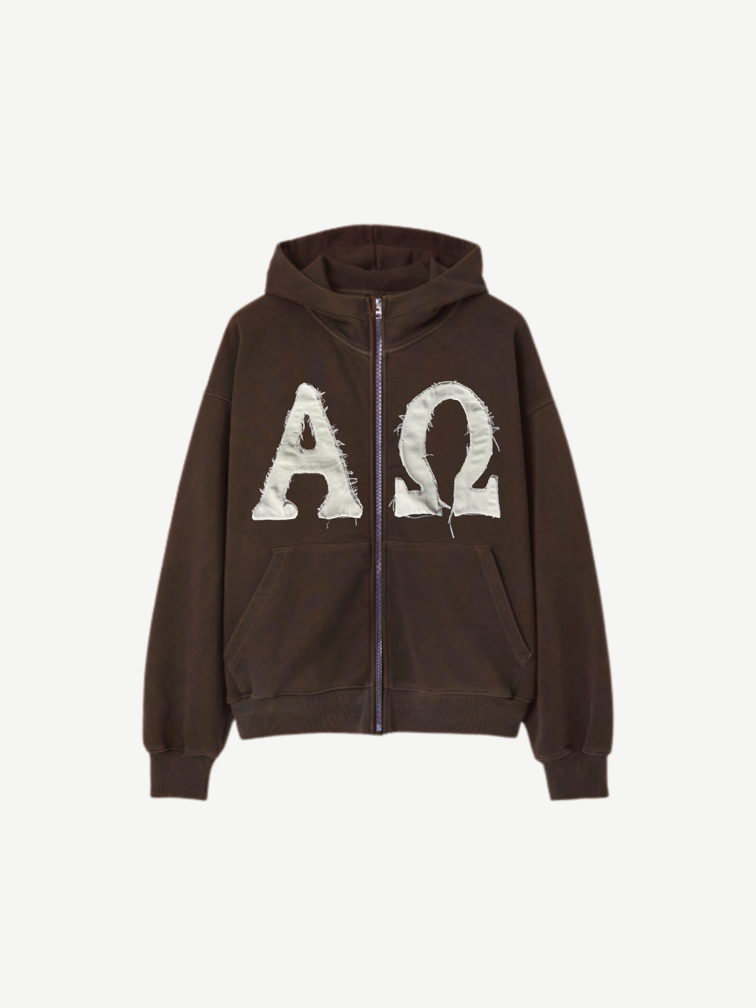 SĒK Apparel Alpha & Omega Zip Hoodie in brown — flat lay of Christian zip hoodie with 'Alpha Omega' applique print