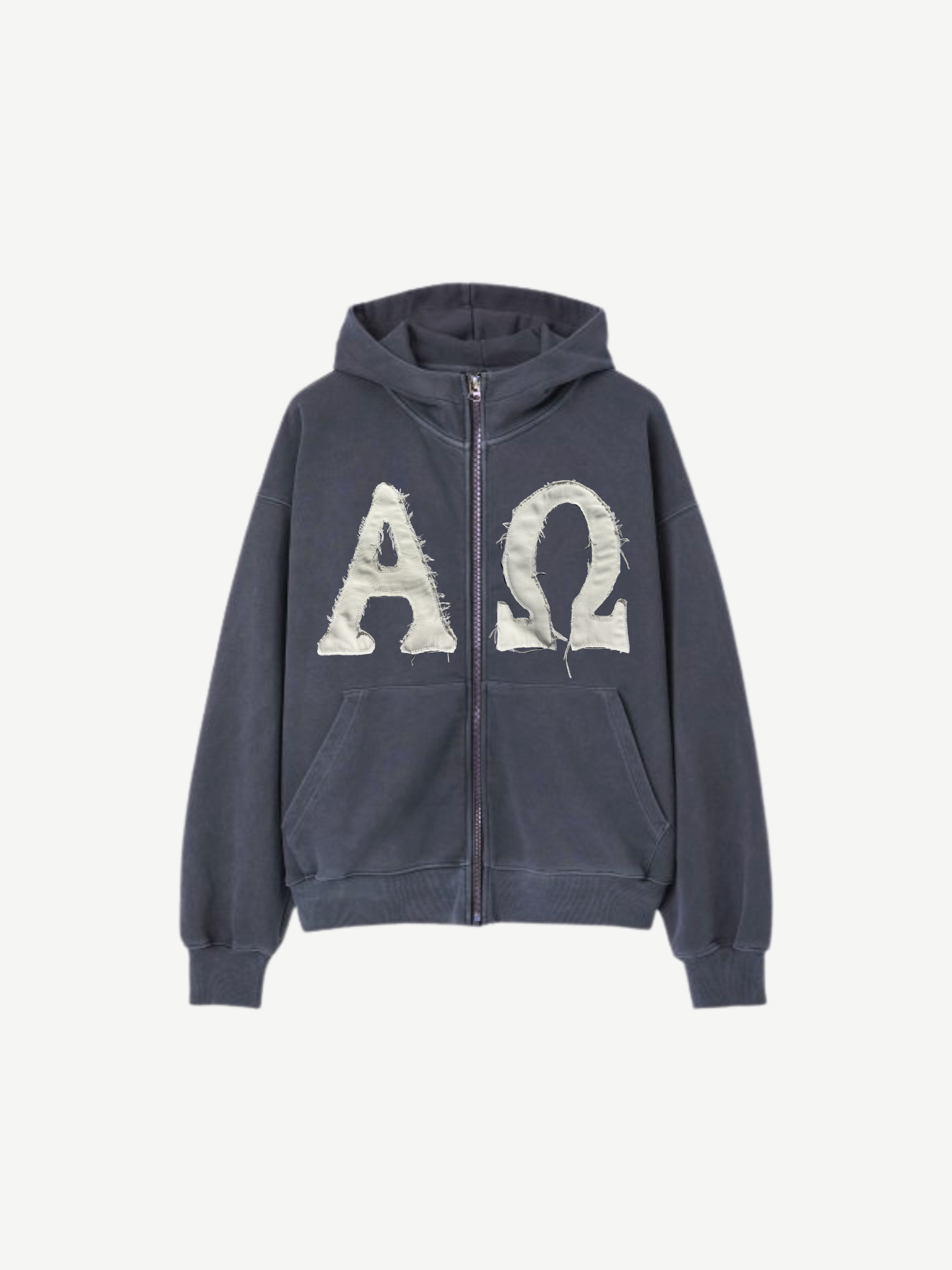 SĒK Apparel Alpha & Omega Zip Hoodie in gray — flat lay of Christian zip hoodie with bold 'Alpha Omega' applique, referencing Revelation 22:13