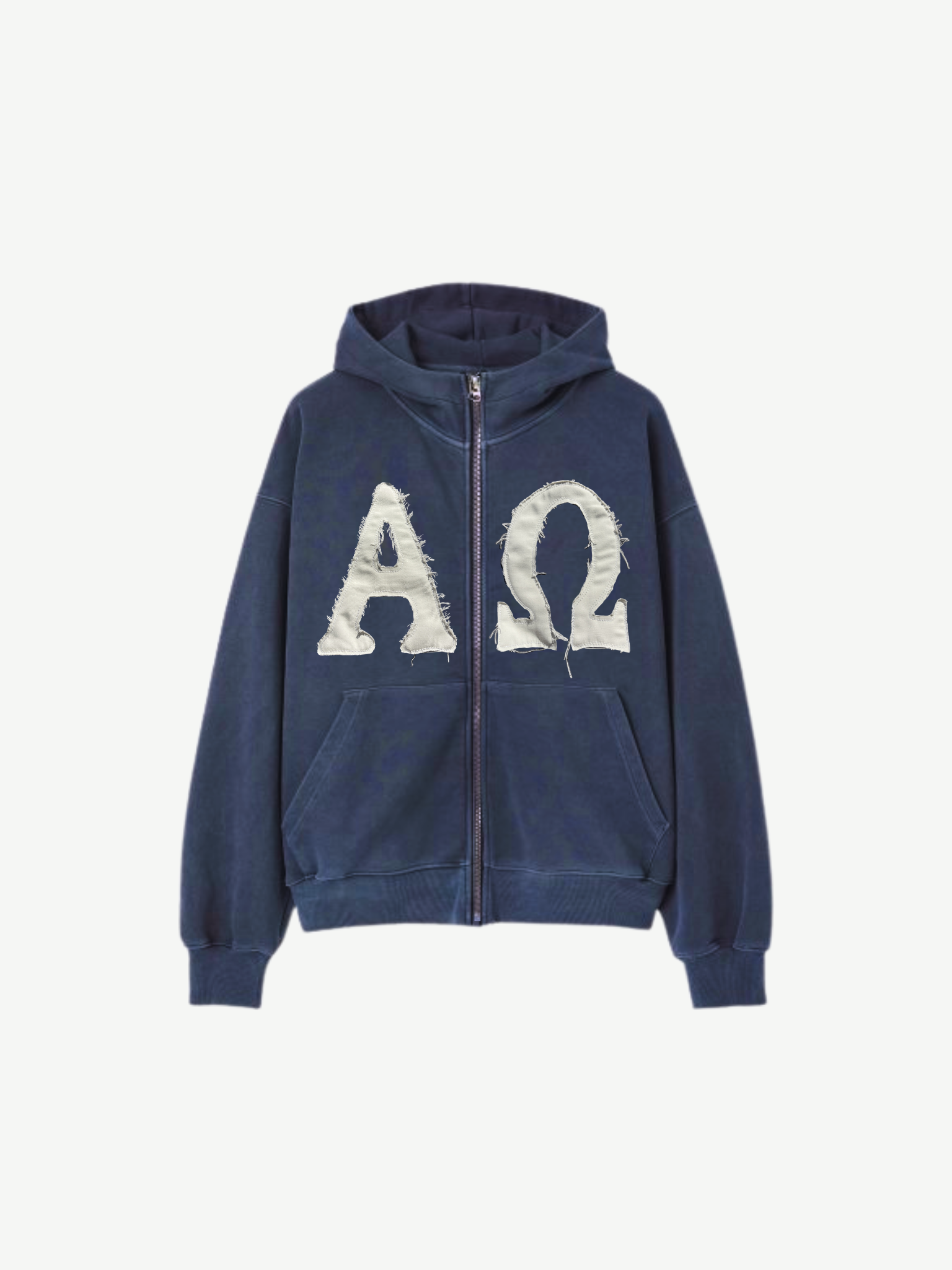 SĒK Apparel Alpha & Omega Zip Hoodie in navy blue — flat lay of faith-inspired zip-up hoodie with 'Alpha Omega' applique design
