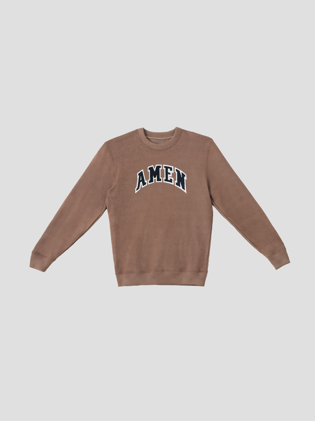 SĒK Apparel AMEN Appliqué Knit Crewneck in brown — flat lay of Christian knit crewneck with textured 'AMEN' appliqué detail on light gray background