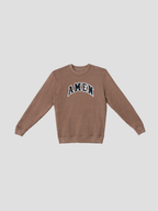 SĒK Apparel AMEN Appliqué Knit Crewneck in brown — flat lay of Christian knit crewneck with textured 'AMEN' appliqué detail on light gray background