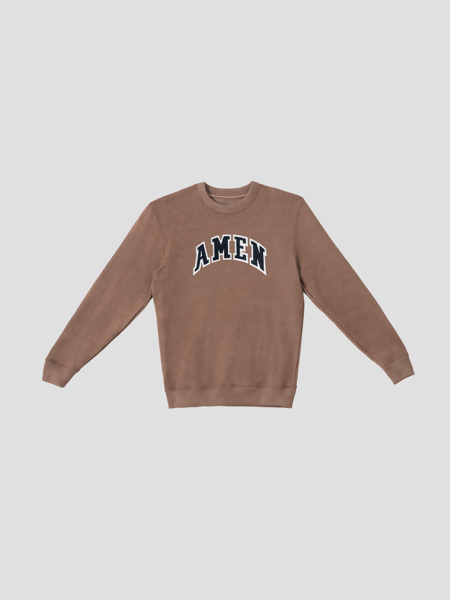 SĒK Apparel AMEN Appliqué Knit Crewneck in brown — flat lay of Christian knit crewneck with textured 'AMEN' appliqué detail on light gray background