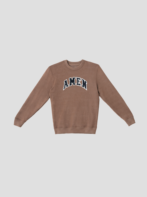 SĒK Apparel AMEN Appliqué Knit Crewneck in brown — flat lay of Christian knit crewneck with textured 'AMEN' appliqué detail on light gray background