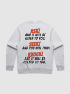 SĒK Apparel Ask Seek Knock Crewneck back — Matthew 7:7 Bible verse graphic in gray