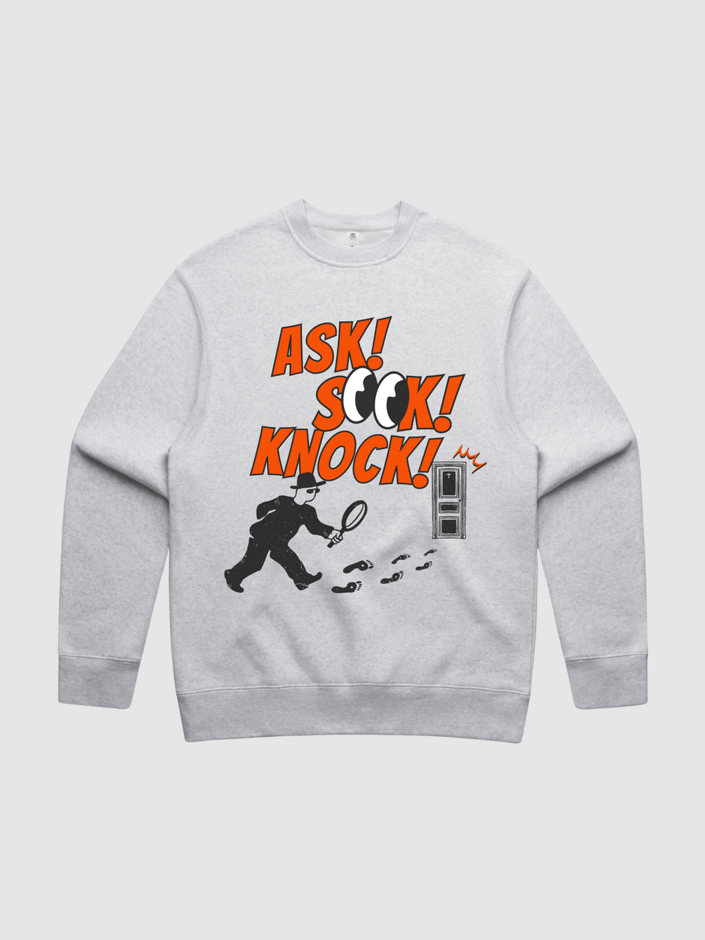 SĒK Apparel Ask Seek Knock Crewneck front — flat lay product shot in gray
