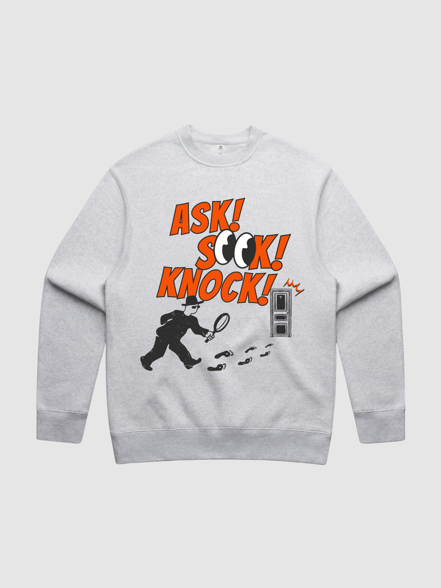 SĒK Apparel Ask Seek Knock Crewneck front — flat lay product shot in gray