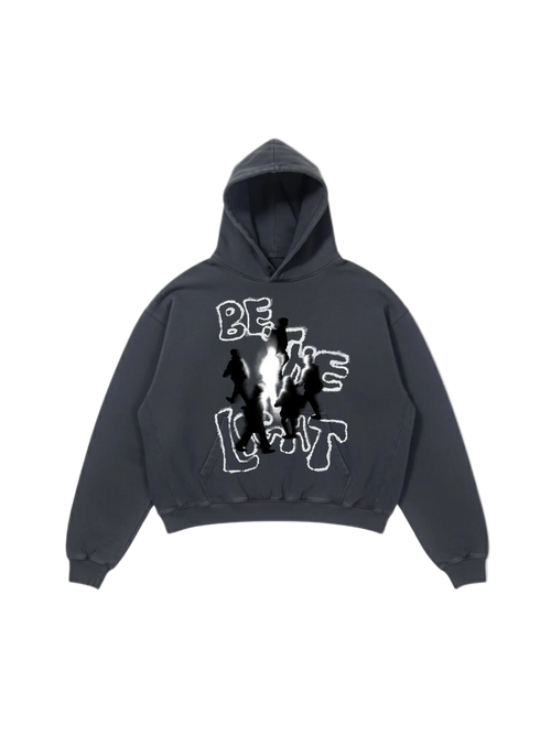 SĒK Apparel Be the Light Hoodie in dark gray — faith-inspired Christian graphic hoodie, flat lay product shot on white background