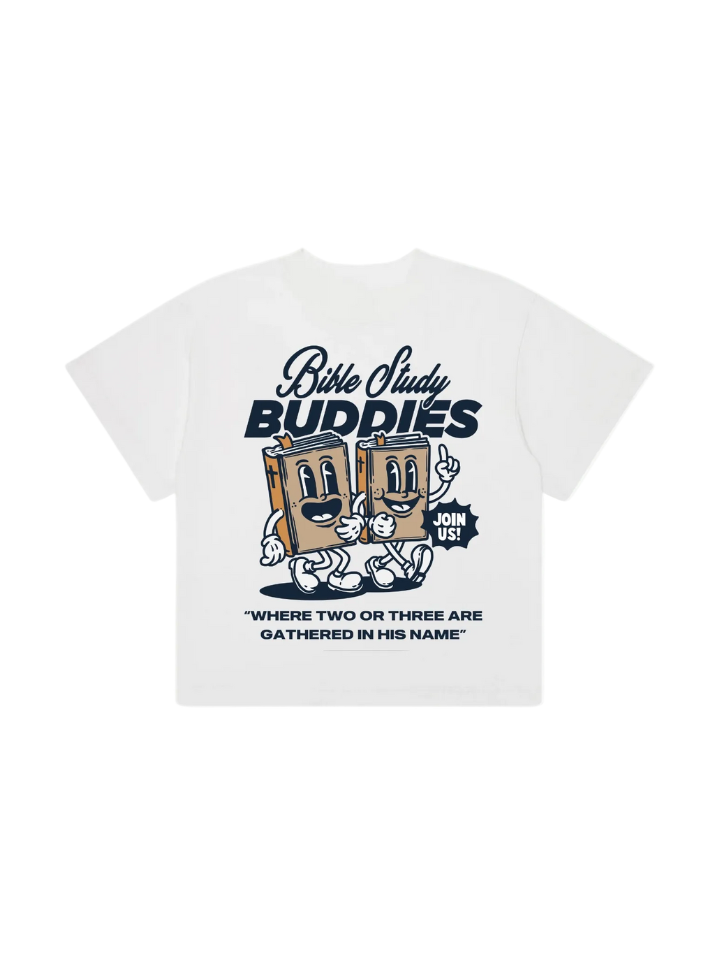 SĒK Apparel Bible Study Buddies Tee back view — white graphic tee with cartoon Bible illustrations and scripture verse