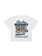 SĒK Apparel Bible Study Buddies Tee back view — white graphic tee with cartoon Bible illustrations and scripture verse