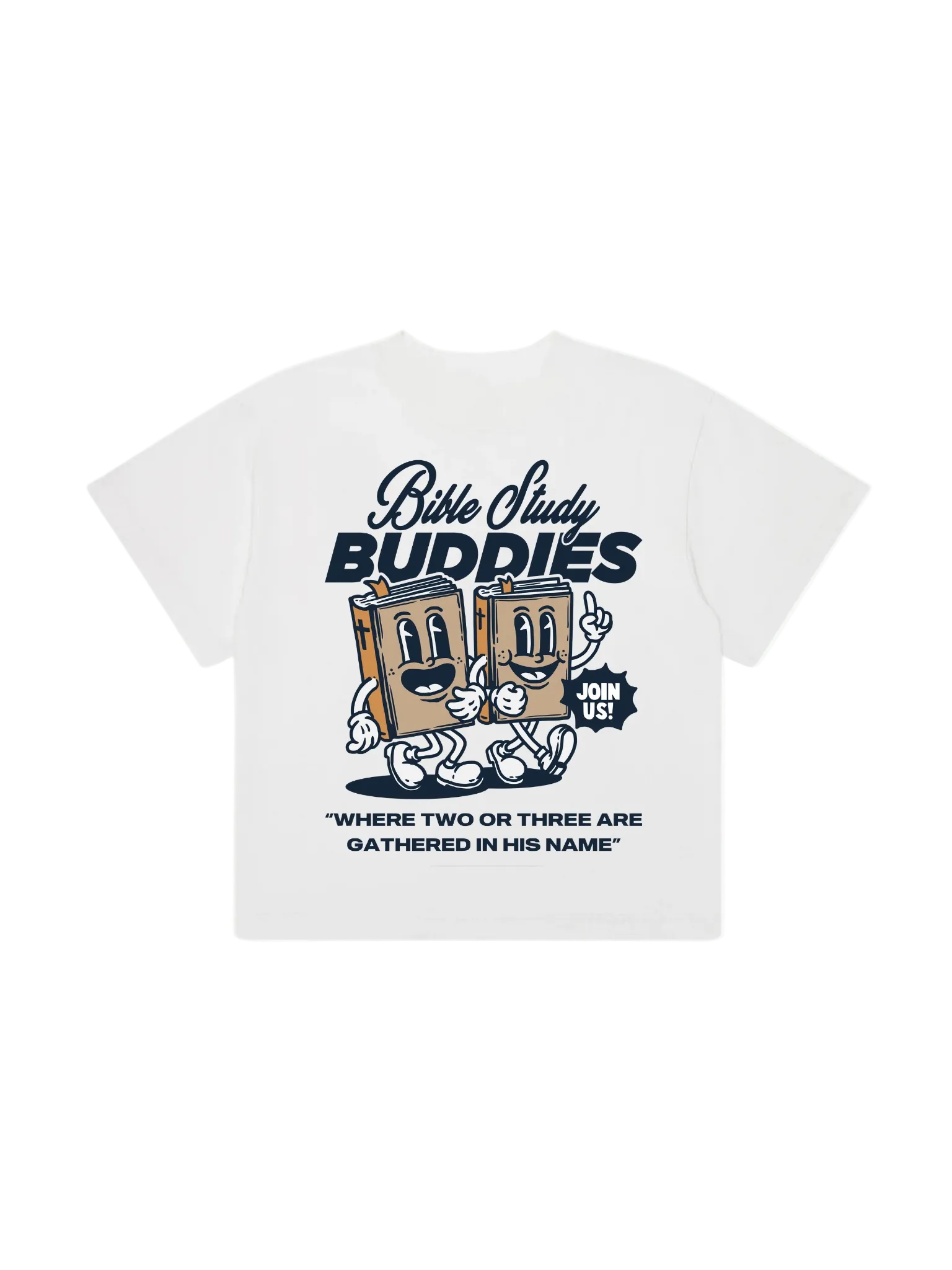 SĒK Apparel Bible Study Buddies Tee back view — white graphic tee with cartoon Bible illustrations and scripture verse