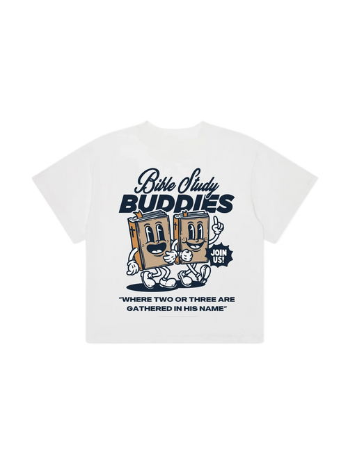 SĒK Apparel Bible Study Buddies Tee back view — white graphic tee with cartoon Bible illustrations and scripture verse