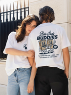 Two friends wearing the SĒK Apparel Bible Study Buddies Tee — white Christian graphic tee, perfect for faith community and Bible study groups