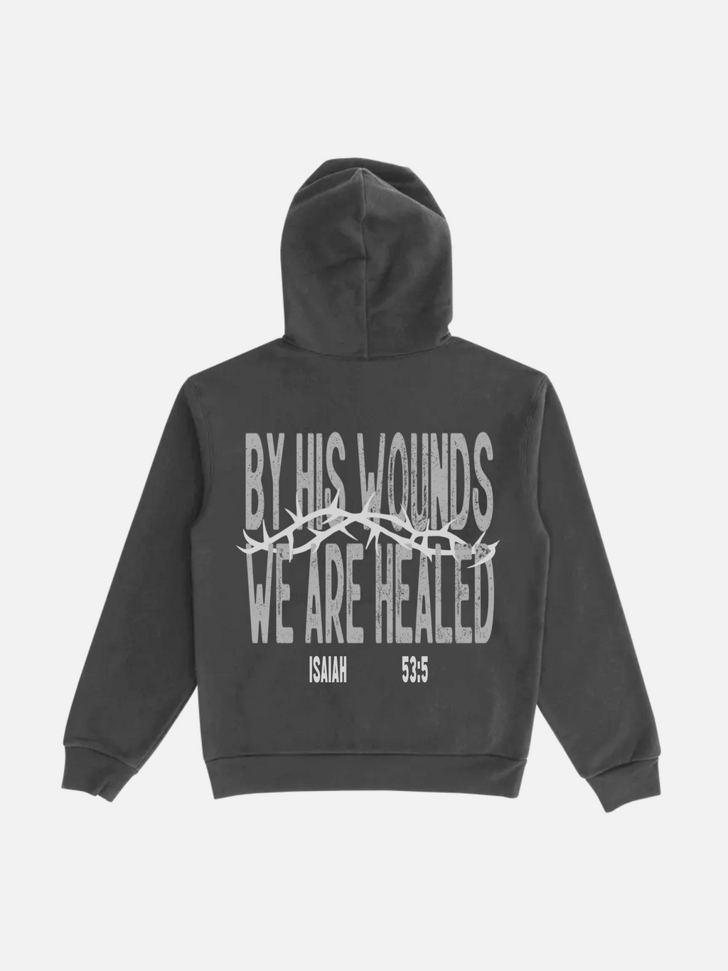 SĒK Apparel By His Wounds Hoodie in washed black — flat lay back view showing 'By His Wounds' scripture design, referencing Isaiah 53:5