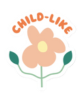 Sticker with flower graphic and 'CHILD-LIKE' text on a white background