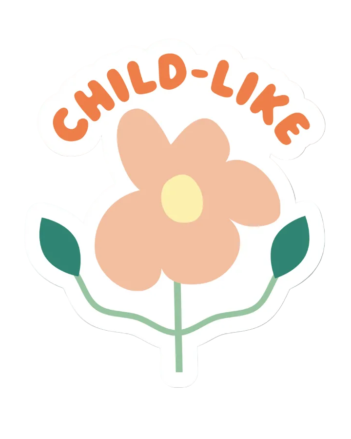 Sticker with flower graphic and 'CHILD-LIKE' text on a white background