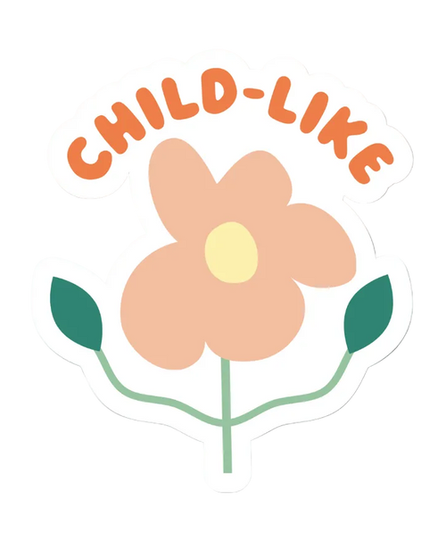 Sticker with flower graphic and 'CHILD-LIKE' text on a white background