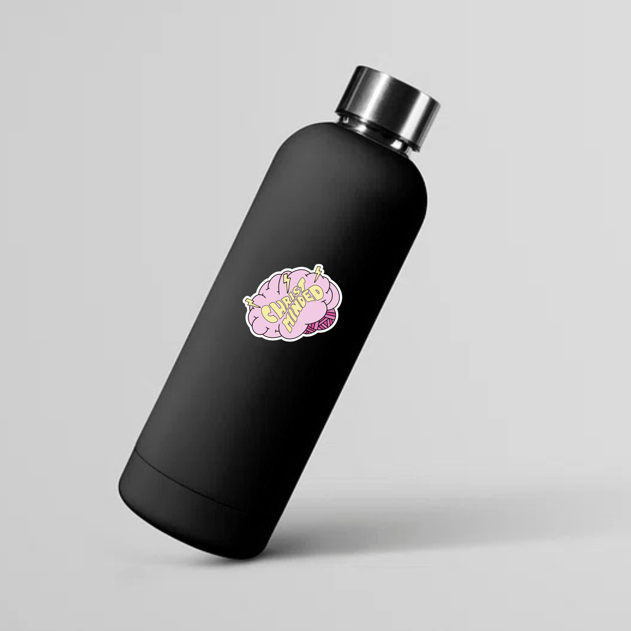 Christ Minded pink brain graphic sticker shown on mockup water bottle