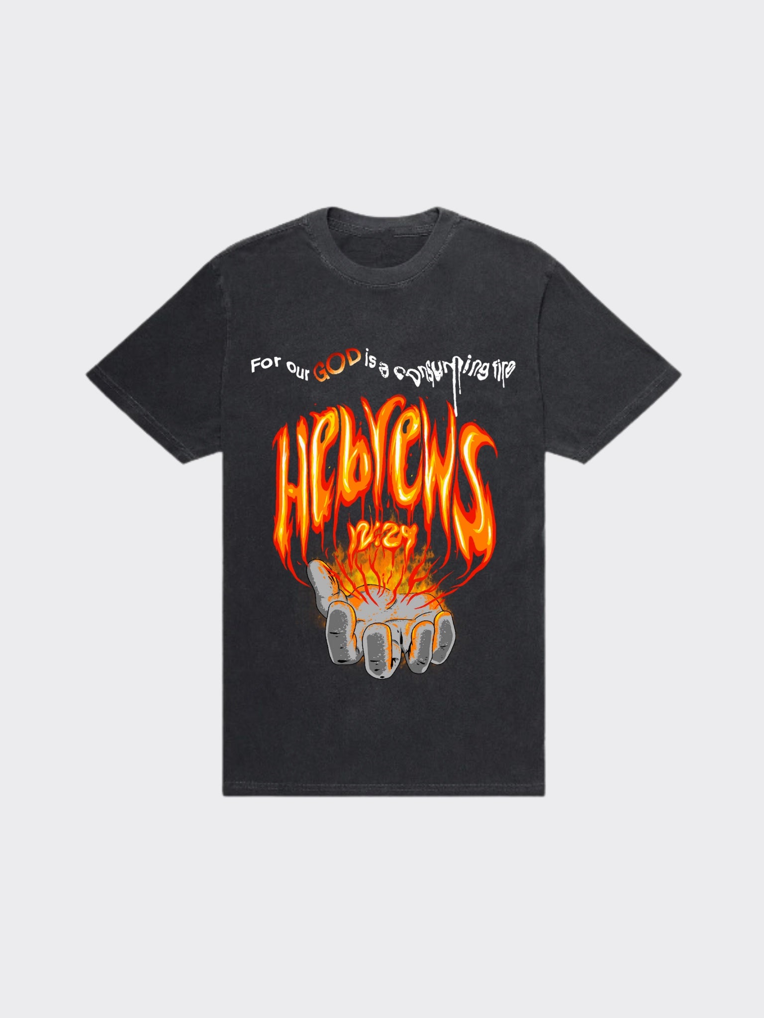 SĒK Apparel Hebrews 12:29 Vintage Tee — flat lay of 'Consuming Fire' Christian graphic tee with vintage distressed print, referencing Hebrews 12:29