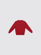 SĒK Apparel Emmanuel Monochromatic Crewneck in red — flat lay of faith-inspired Christian crewneck with bold embroidered 'Emmanuel' text, referencing Isaiah 7:14