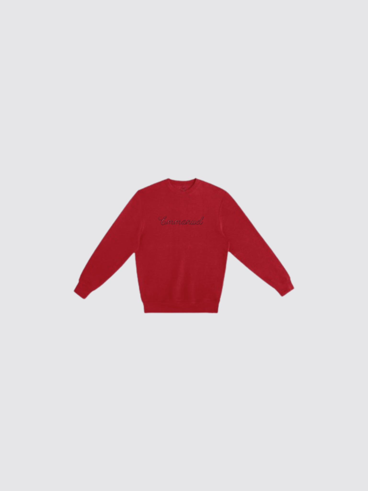 SĒK Apparel Emmanuel Monochromatic Crewneck in red — flat lay of faith-inspired Christian crewneck with bold embroidered 'Emmanuel' text, referencing Isaiah 7:14