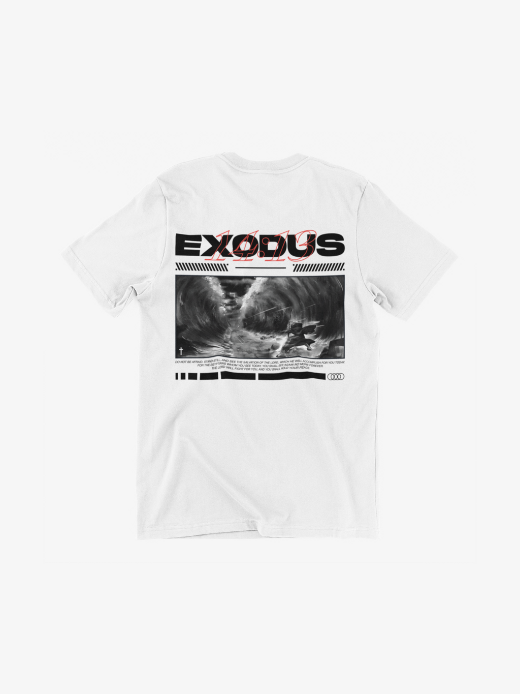 SĒK Apparel Exodus 14:13 Graphic Tee — flat lay back view with scripture graphic, faith-inspired Christian tee referencing Exodus 14:13