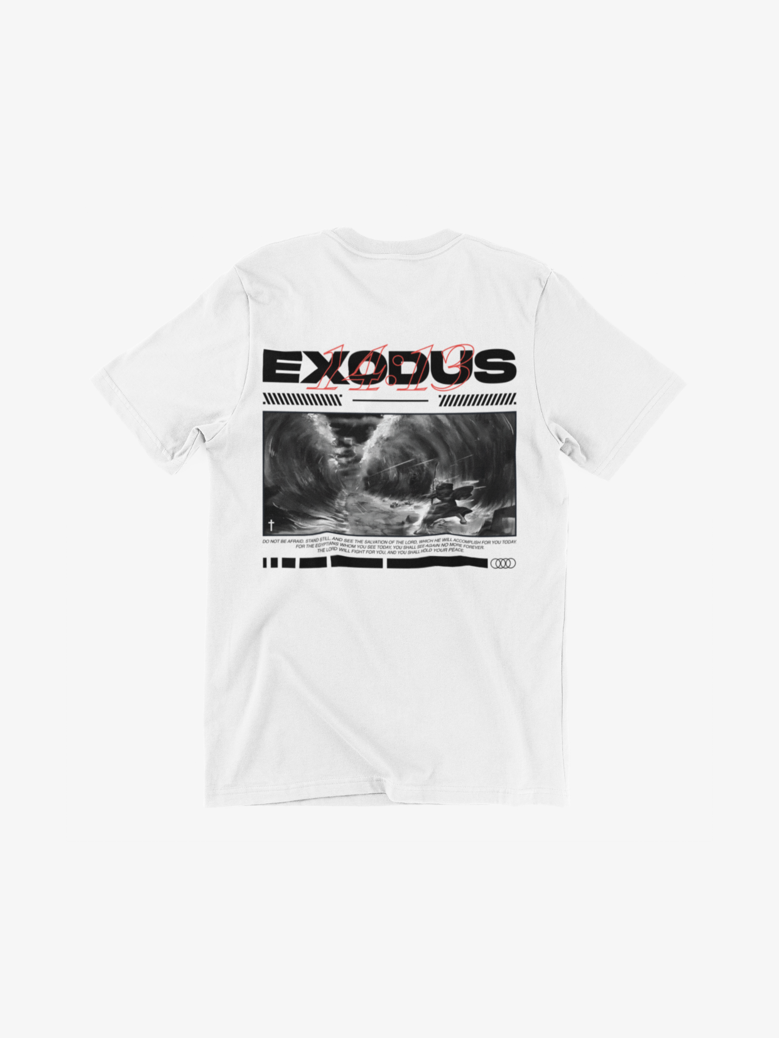 SĒK Apparel Exodus 14:13 Graphic Tee — flat lay back view with scripture graphic, faith-inspired Christian tee referencing Exodus 14:13