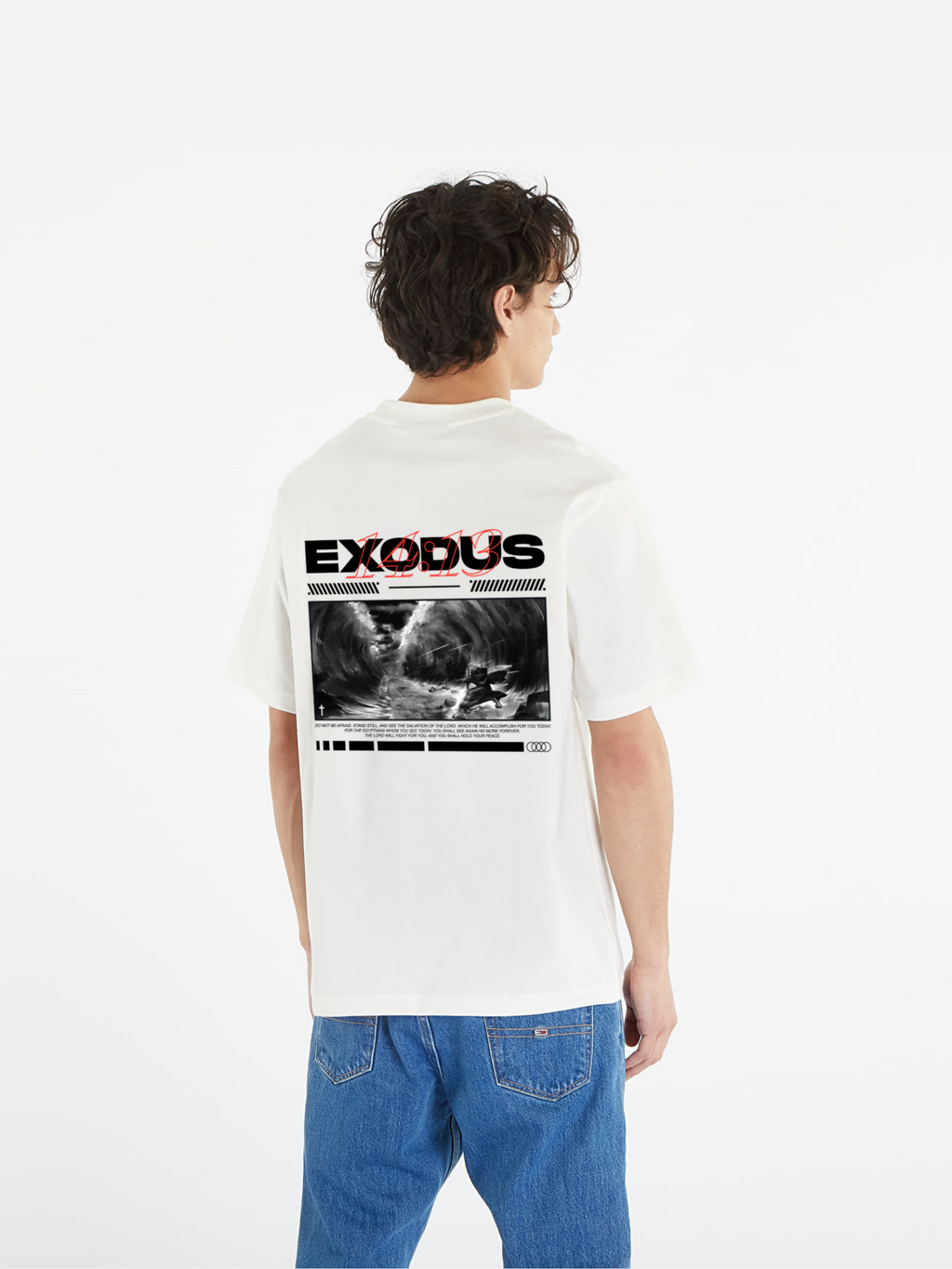Man wearing the SĒK Apparel Exodus 14:13 Graphic Tee — back view of faith-inspired Christian tee with scripture design referencing Exodus 14:13