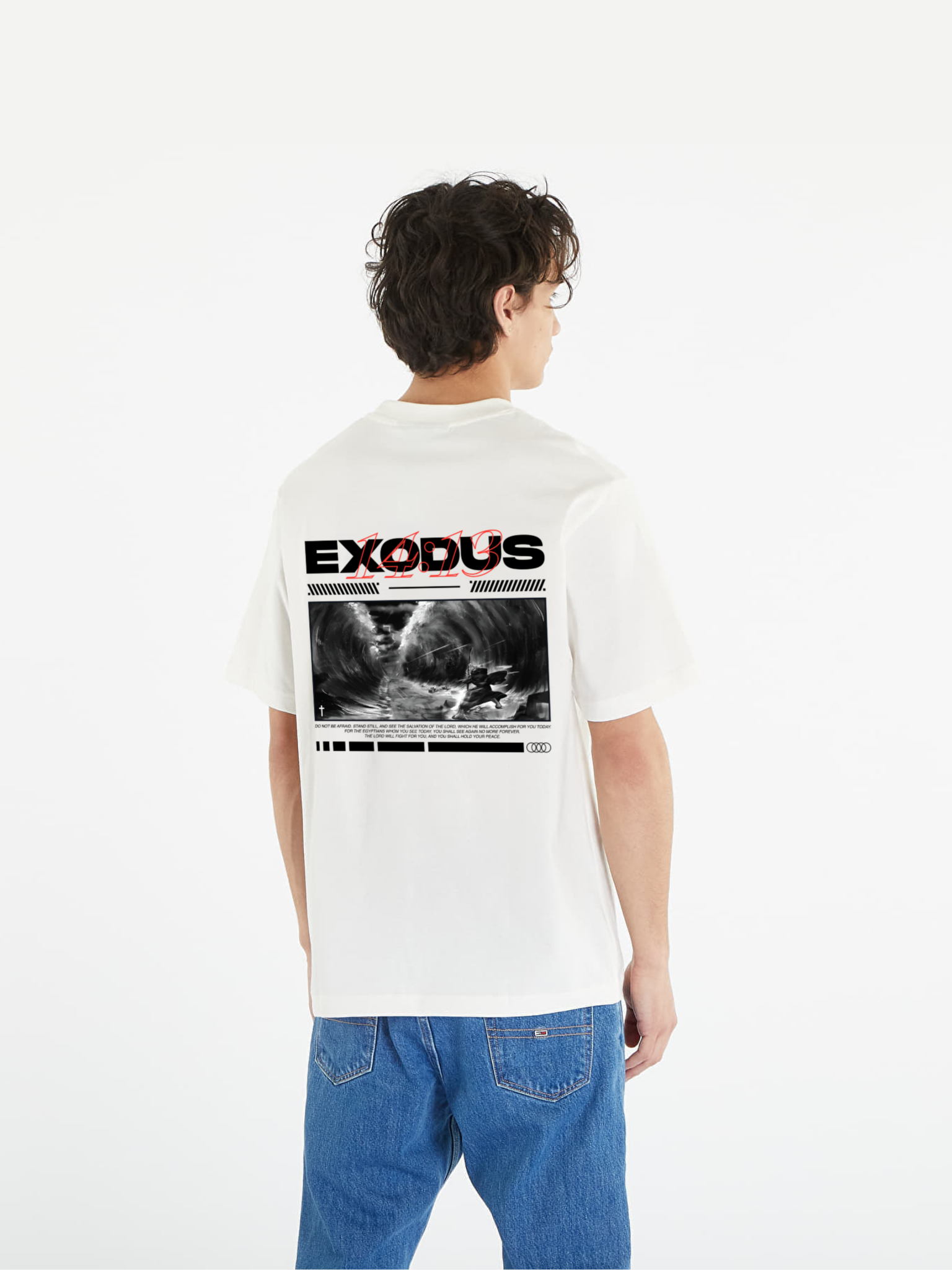 Man wearing the SĒK Apparel Exodus 14:13 Graphic Tee — back view of faith-inspired Christian tee with scripture design referencing Exodus 14:13