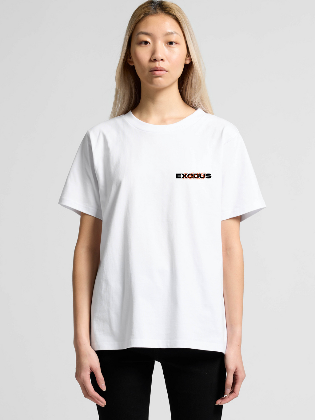 Woman wearing the SĒK Apparel Exodus 14:13 Graphic Tee — front view of faith-inspired Christian graphic tee with minimalist illustrative design