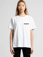 Woman wearing the SĒK Apparel Exodus 14:13 Graphic Tee — front view of faith-inspired Christian graphic tee with minimalist illustrative design