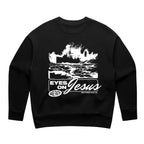 SĒK Apparel Eyes on Jesus Crewneck in black — flat lay with 'Eyes on Jesus' graphic design, faith-inspired Christian crewneck sweatshirt