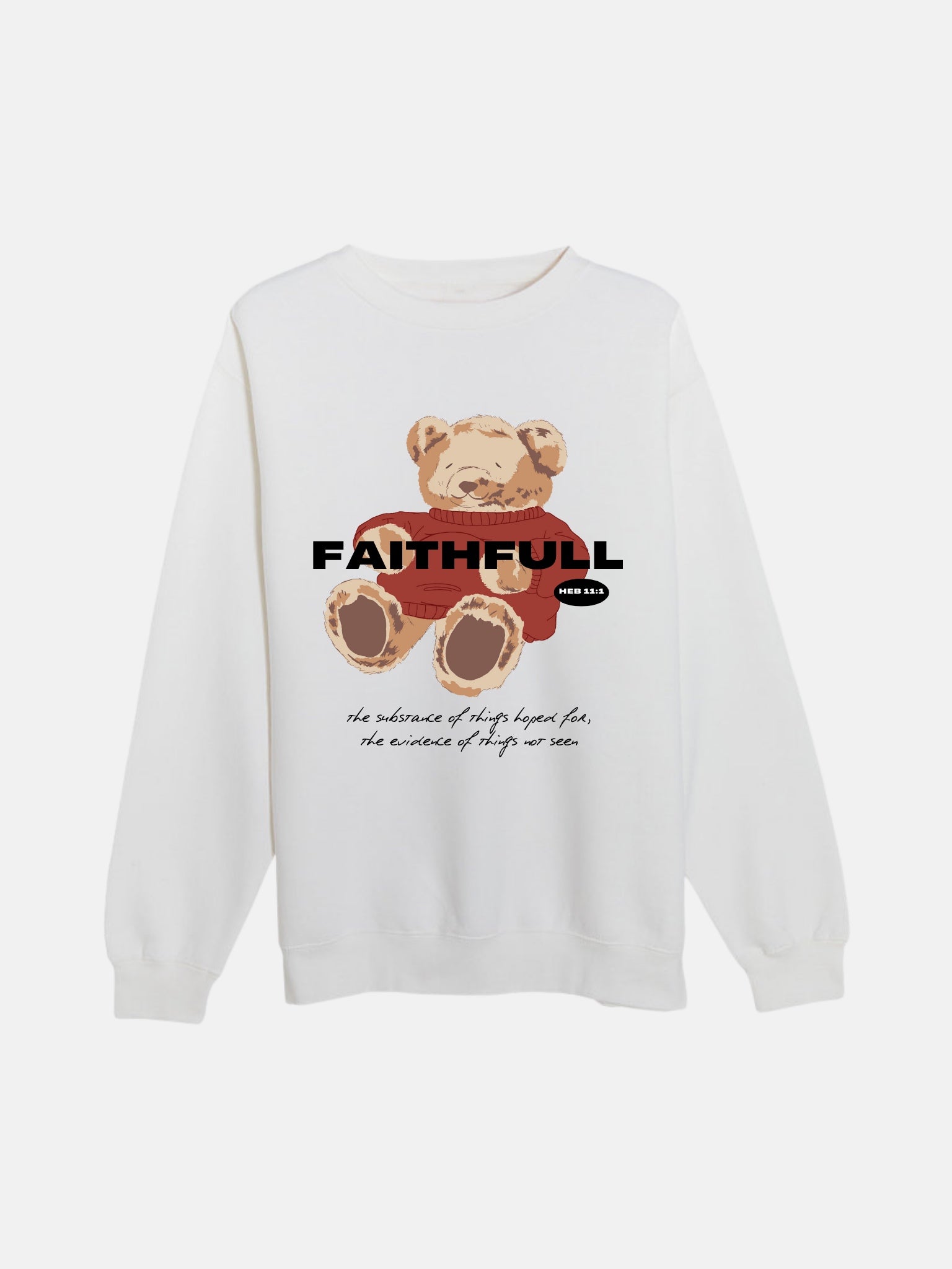 SĒK Apparel FaithFULL Crewneck — flat lay of faith-inspired Christian crewneck sweatshirt featuring a bear graphic with 'FaithFULL' text