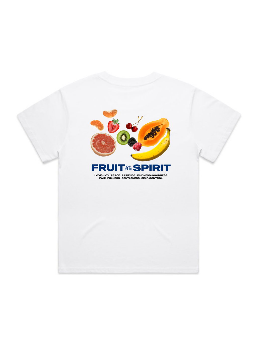 SĒK Apparel Fruit of the Spirit Box Tee back graphic — Galatians 5:22 fruit illustration on white