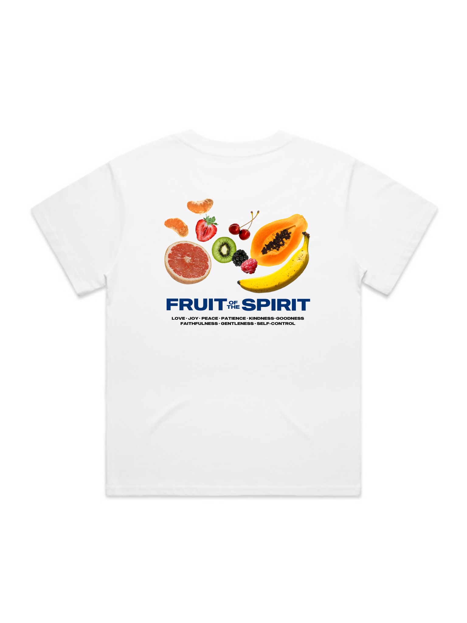 SĒK Apparel Fruit of the Spirit Box Tee back graphic — Galatians 5:22 fruit illustration on white