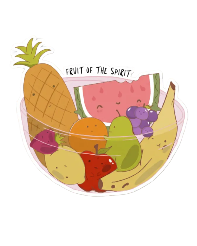 SĒK Apparel Fruit of the Spirit sticker — illustrated bowl of fruit with 'Fruit of the Spirit' text, referencing Galatians 5:22-23, on white background
