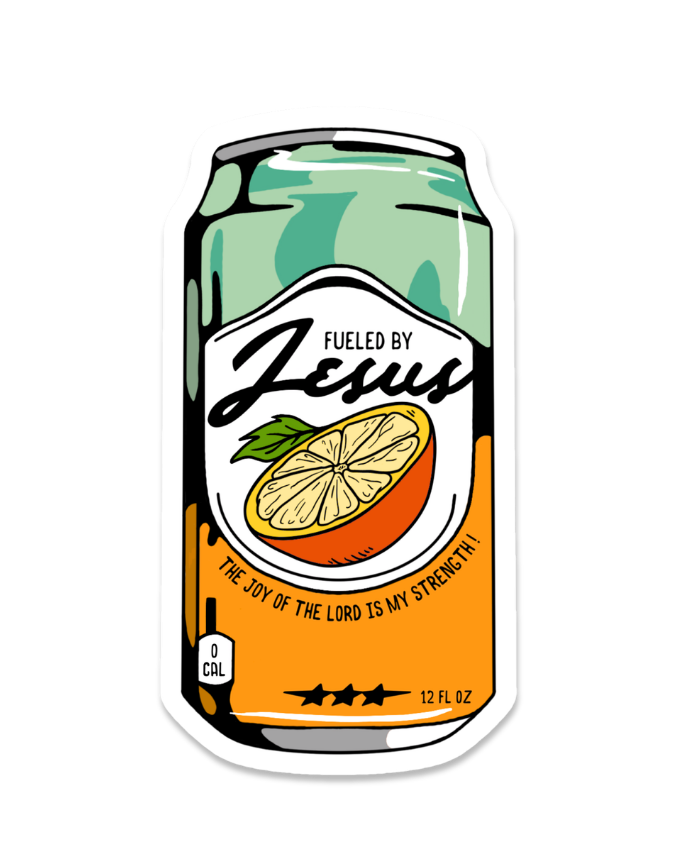 SĒK Apparel Fueled by Jesus sticker — can-shaped sticker with lemon design and 'Fueled by Jesus' text, faith-inspired Christian accessory on white background