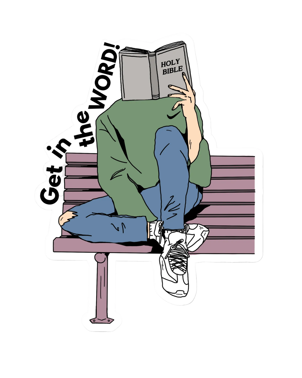 SĒK Apparel Get in the Word sticker — illustrated person reading a Bible on a bench with 'Get in the Word!' text, faith-inspired Christian sticker on white background