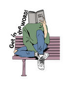 SĒK Apparel Get in the Word sticker — illustrated person reading a Bible on a bench with 'Get in the Word!' text, faith-inspired Christian sticker on white background