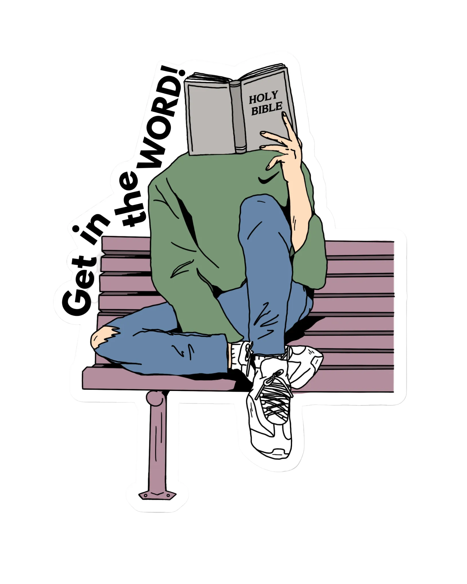 SĒK Apparel Get in the Word sticker — illustrated person reading a Bible on a bench with 'Get in the Word!' text, faith-inspired Christian sticker on white background