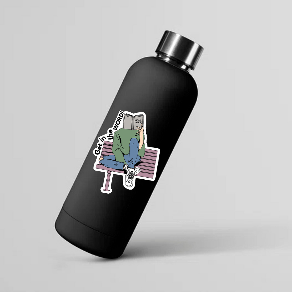 SĒK Apparel Get in the Word sticker shown on a mockup — faith-inspired Christian sticker perfect for water bottles, laptops, and journals