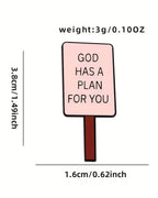 Pink sign with 'GOD HAS A PLAN FOR YOU' text, dimensions, and weight on a white background