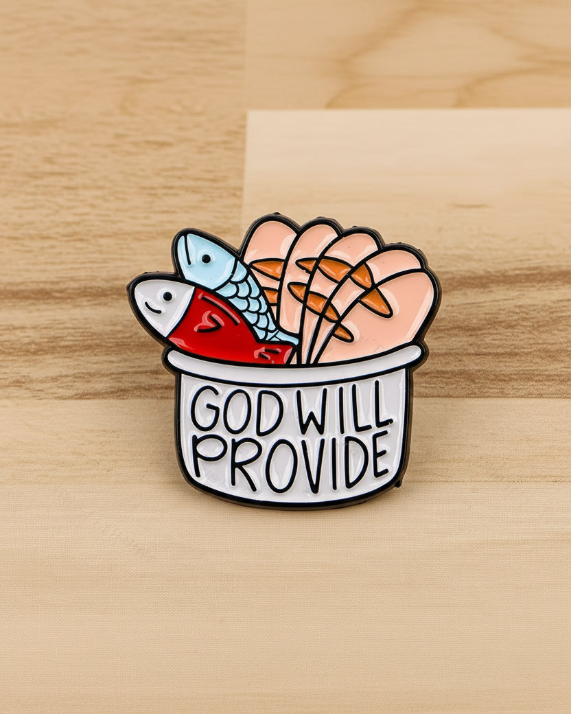 God Provides enamel pin – SĒK APPAREL faith-inspired streetwear accessory, front view