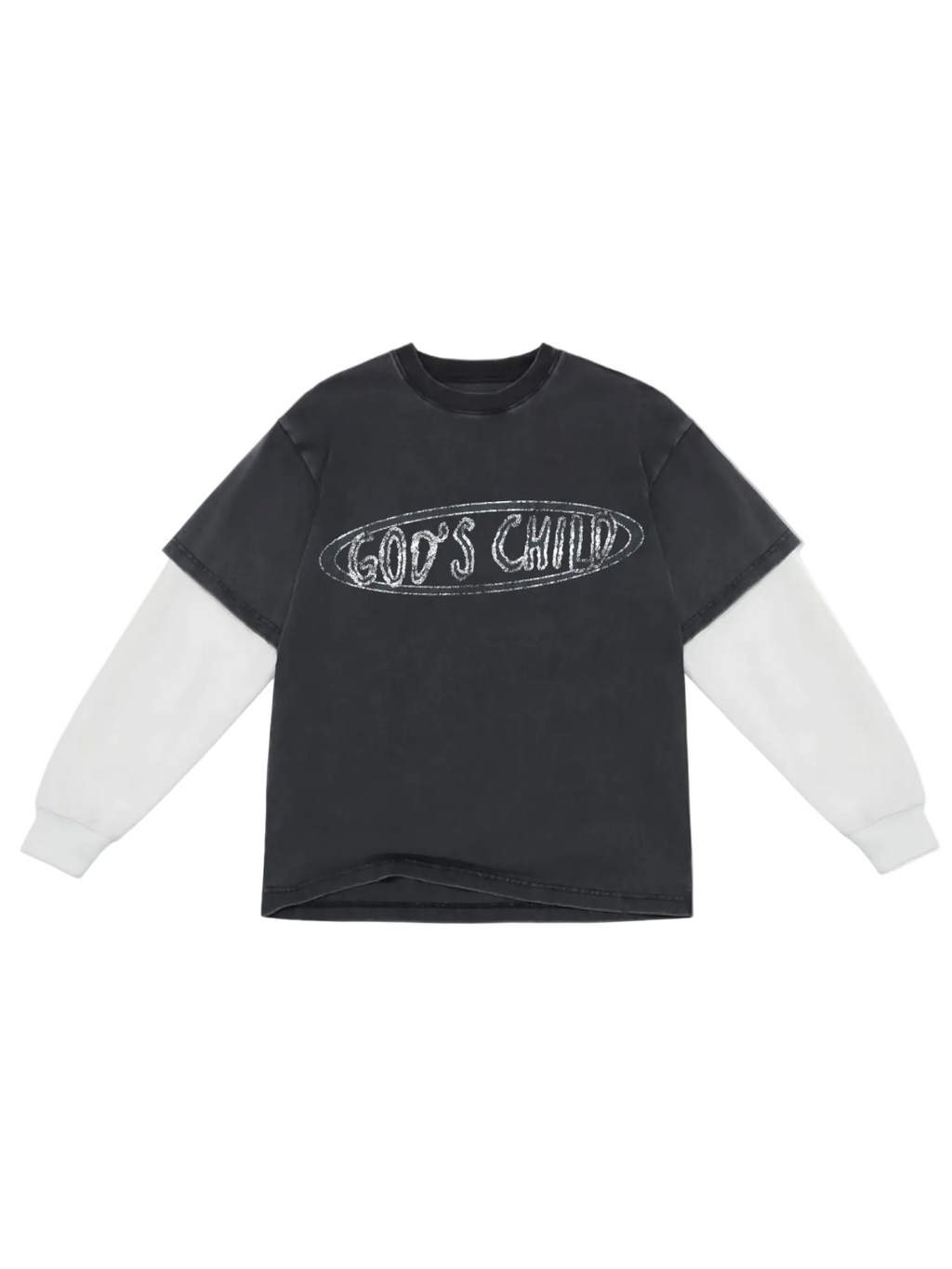 SĒK Apparel God's Child 2Fer Long Sleeve in black — flat lay of garment-dyed contrast long sleeve shirt with 'God's Child' text, faith-inspired Christian streetwear