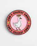 Pin with a goose illustration and text 'God's Silliest Goose' on a pink background