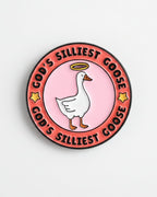Pin with a goose illustration and text 'God's Silliest Goose' on a pink background
