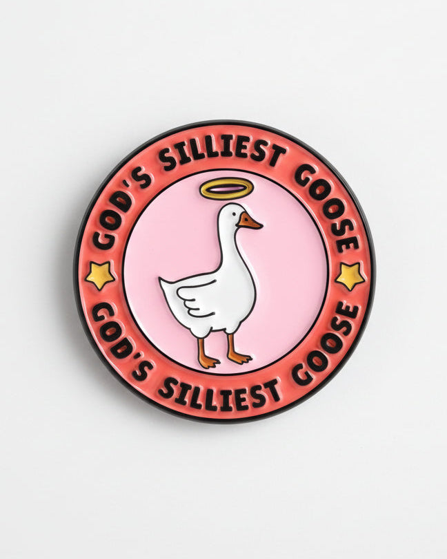 Pin with a goose illustration and text 'God's Silliest Goose' on a pink background