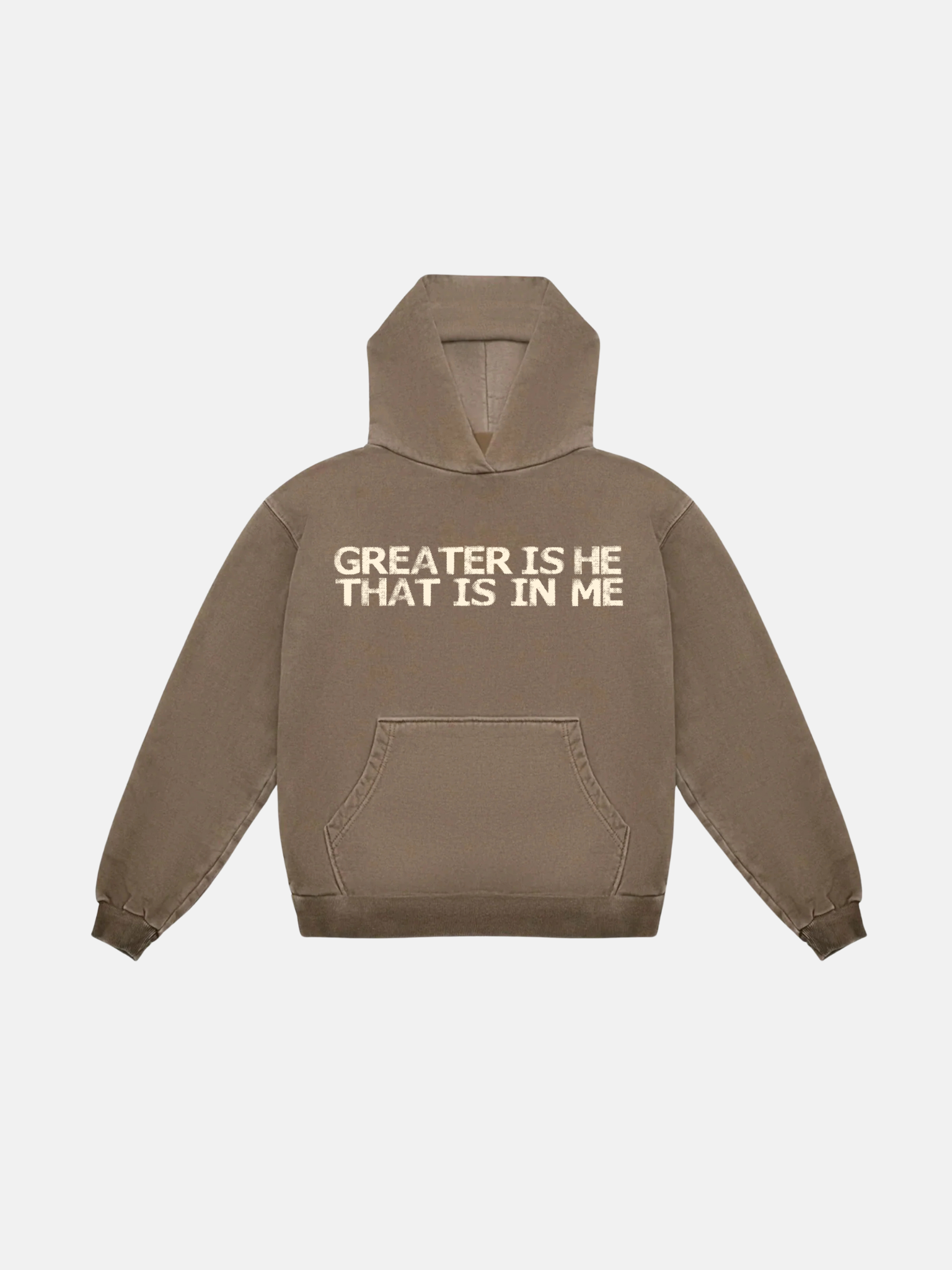 SĒK Apparel Greater is He Hoodie in brown — flat lay product shot