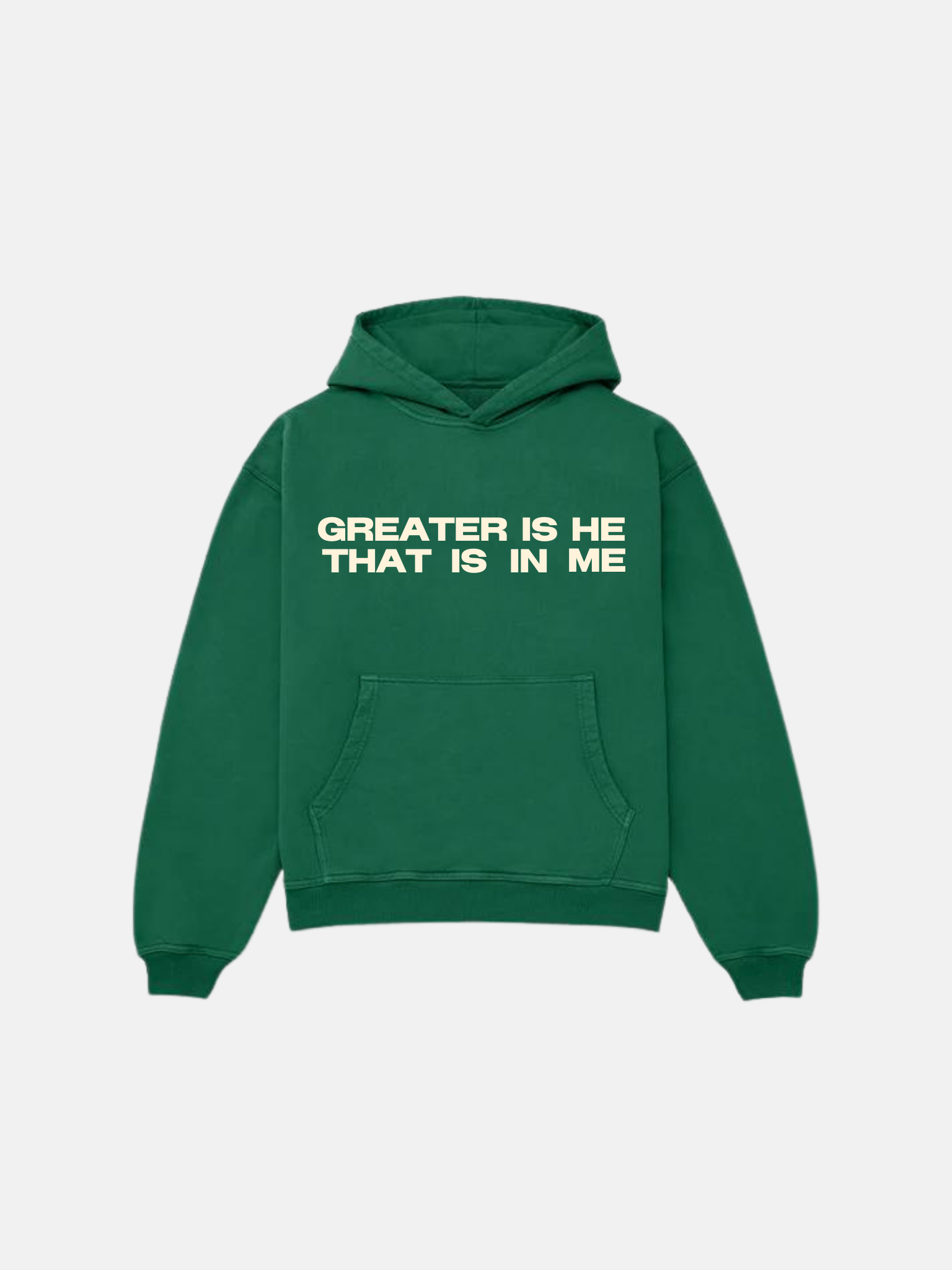 SĒK Apparel Greater is He Hoodie in green — flat lay product shot